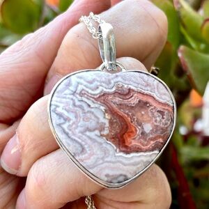 😵 Mexican Laguna crazy lace agate heart pendant necklace 925 Sterling silver